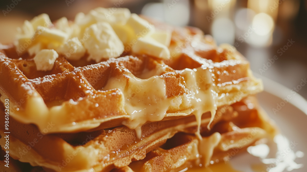 waffles topped with melted cheese and butter, with appetizing drizzles flowing down the sides, creating a warm and delicious breakfast vibe waffles topped with melted cheese and butter, with appetizing drizzles flowing down the sides, creating a warm and delicious breakfast vibe