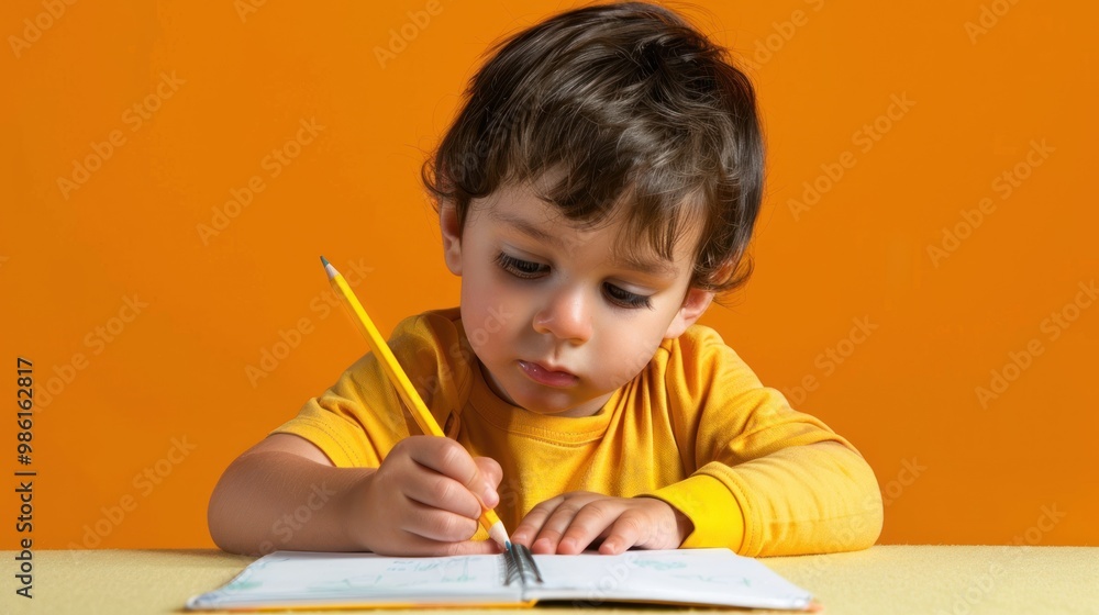 A child learning to write with a pencil and notebook A child learning to write with a pencil and notebook