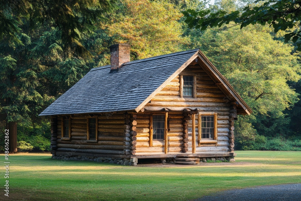 Rustic log cabin reflecting north american frontier architecture with sturdy wooden roof panels Rustic log cabin reflecting north american frontier architecture with sturdy wooden roof panels