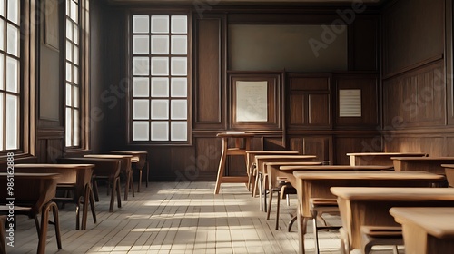 Empty Modern Classroom In the School Interior, Back to School Concept Book, Chair, table 3D Render.