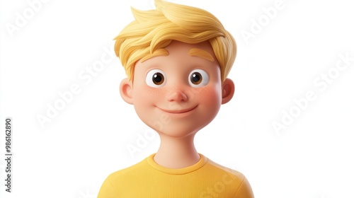 A 3D cartoon boy with blonde hair and a happy expression is wearing a yellow shirt and looking up.