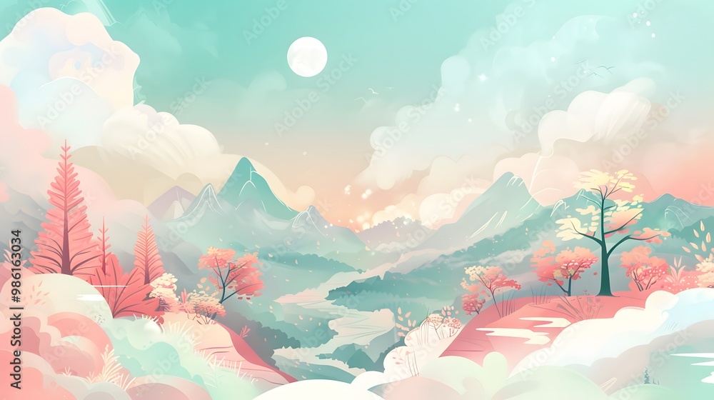 Fototapeta premium Smooth Lines Nature Landscape with River and Trees – Vector