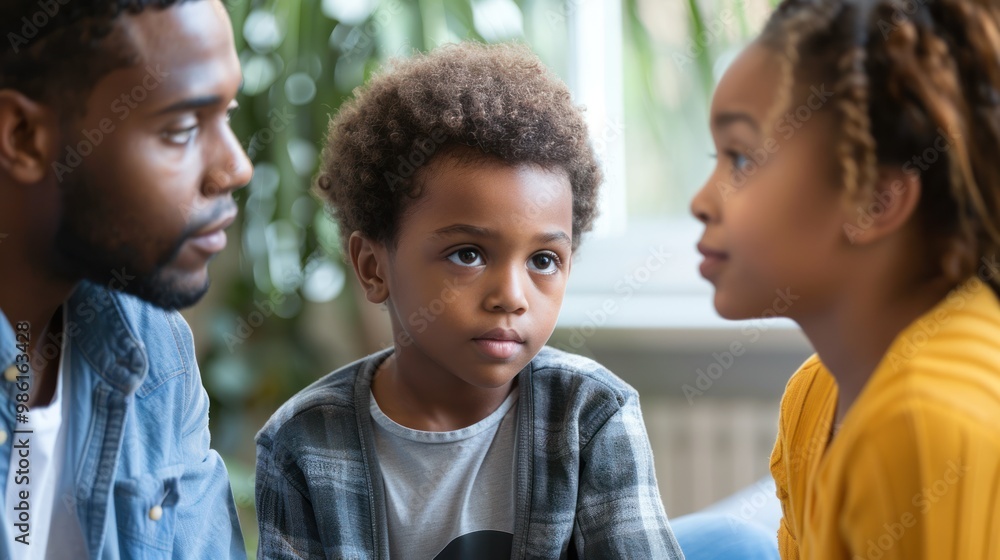 A child sitting between two parents, discussing custody arrangements A child sitting between two parents, discussing custody arrangements