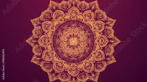 A purple card with a golden mandala ornament on the right side, featuring a flat design, simple shapes, and a minimalistic style. The color scheme is elegant and sophisticated photo