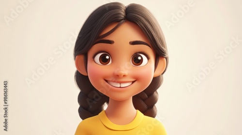 Portrait of a cartoon girl with long brown hair in braids, smiling and looking at the camera.