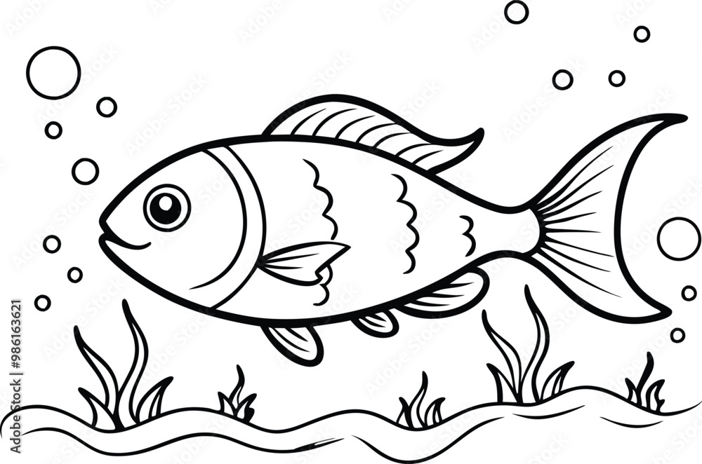 under water fish line art, vector illustration, bubble, seaweed, seascape, under water fish line art, vector illustration, bubble, seaweed, seascape,