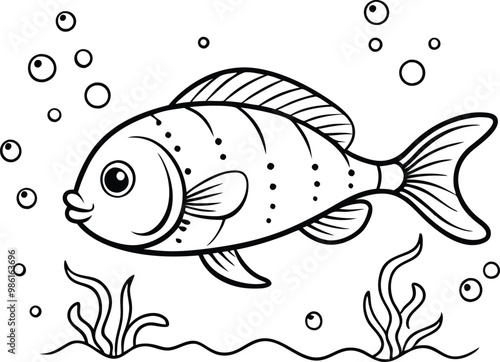 under water fish line art, vector illustration, bubble, seaweed, seascape,