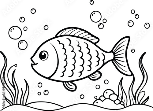 under water fish line art, vector illustration, bubble, seaweed, seascape,