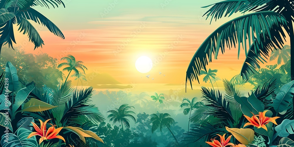 Tropical Sunset Landscape With Palm Trees Tropical Sunset Landscape With Palm Trees