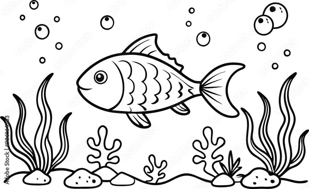 under water fish line art, vector illustration, bubble, seaweed, seascape, under water fish line art, vector illustration, bubble, seaweed, seascape,