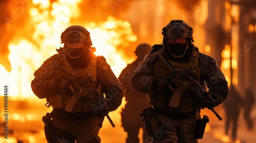 Two soldiers in full tactical gear walk past an explosion, their silhouettes highlighted by the fire.