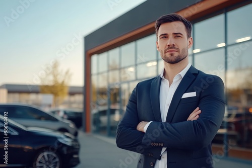 Professional car salesman in suit poses in front of contemporary automobile dealership