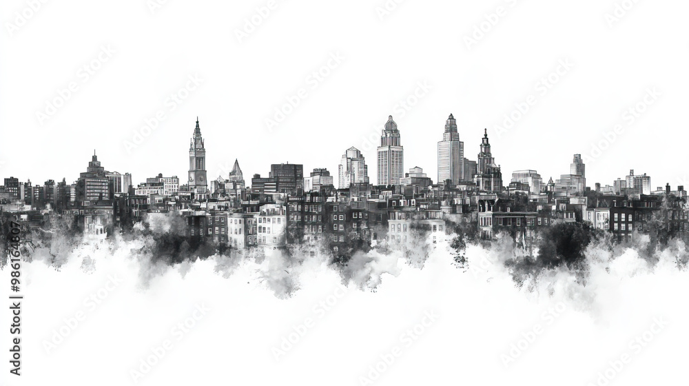 Obraz premium Cambridge, Canada, black and white pen pencil hand-drawn effect drawing illustration for travel poster, card, wallpaper, backdrop or banner. Modern, clear, artistic and simple