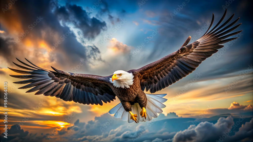 Obraz premium Graceful soaring eagle with piercing eyes and powerful talons, eagle, bird, wildlife, predator, majestic, nature, wings