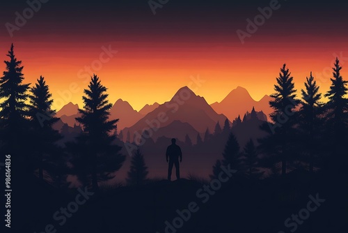 Silhouette of a Man Standing in Front of a Mountain Range at Sunset