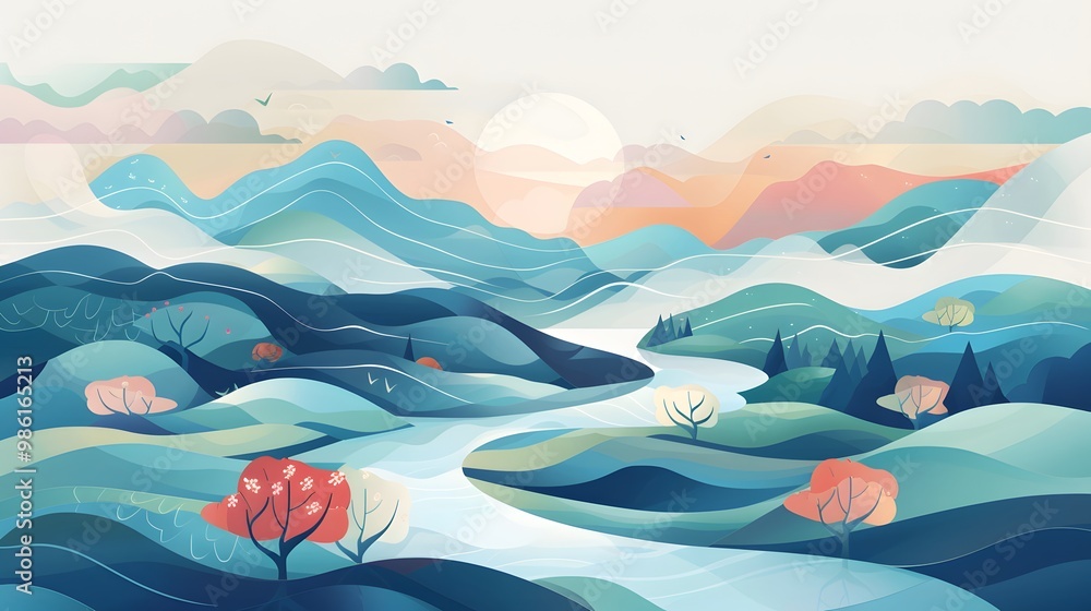 Fototapeta premium Tranquil Nature Background with Trees and River