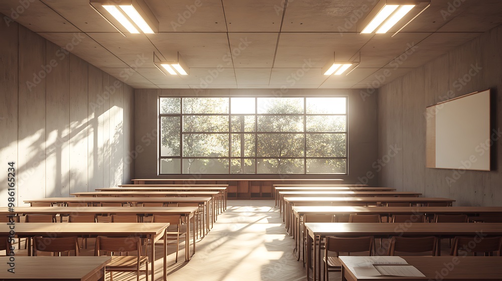 Empty Modern Classroom In the School Interior, Back to School Concept Book, Chair, table 3D Render. Empty Modern Classroom In the School Interior, Back to School Concept Book, Chair, table 3D Render.