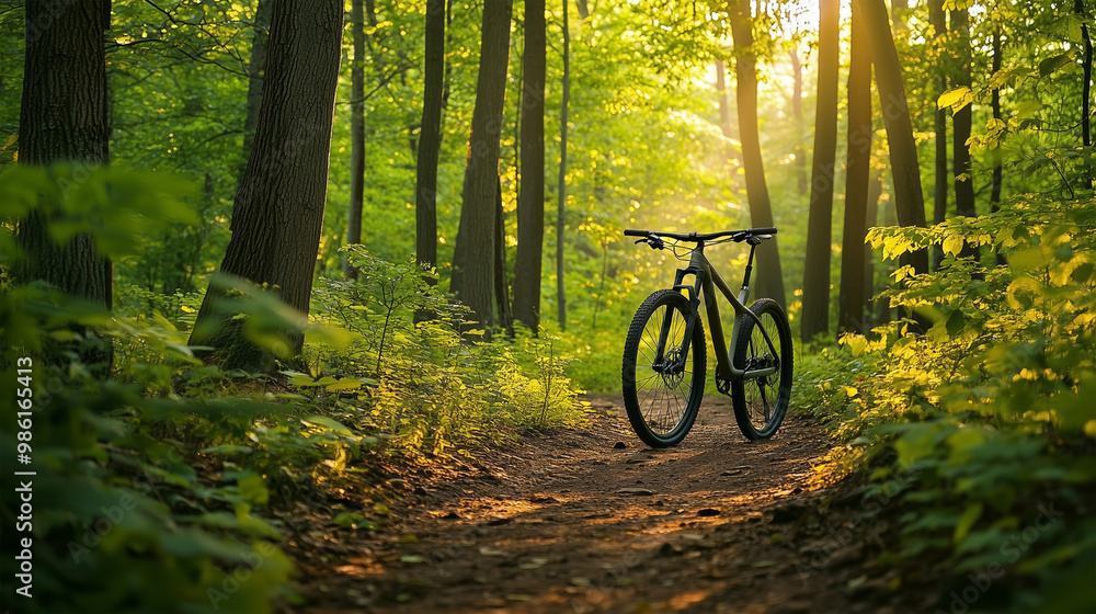 A bicycle is parked on a dirt path in a forest A bicycle is parked on a dirt path in a forest