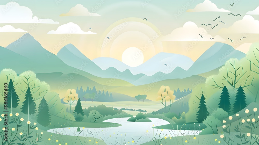 Obraz premium Tranquil Nature Background with Trees and River