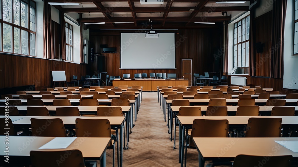 Empty Modern Classroom In the School Interior, Back to School Concept Book, Chair, table 3D Render. Empty Modern Classroom In the School Interior, Back to School Concept Book, Chair, table 3D Render.