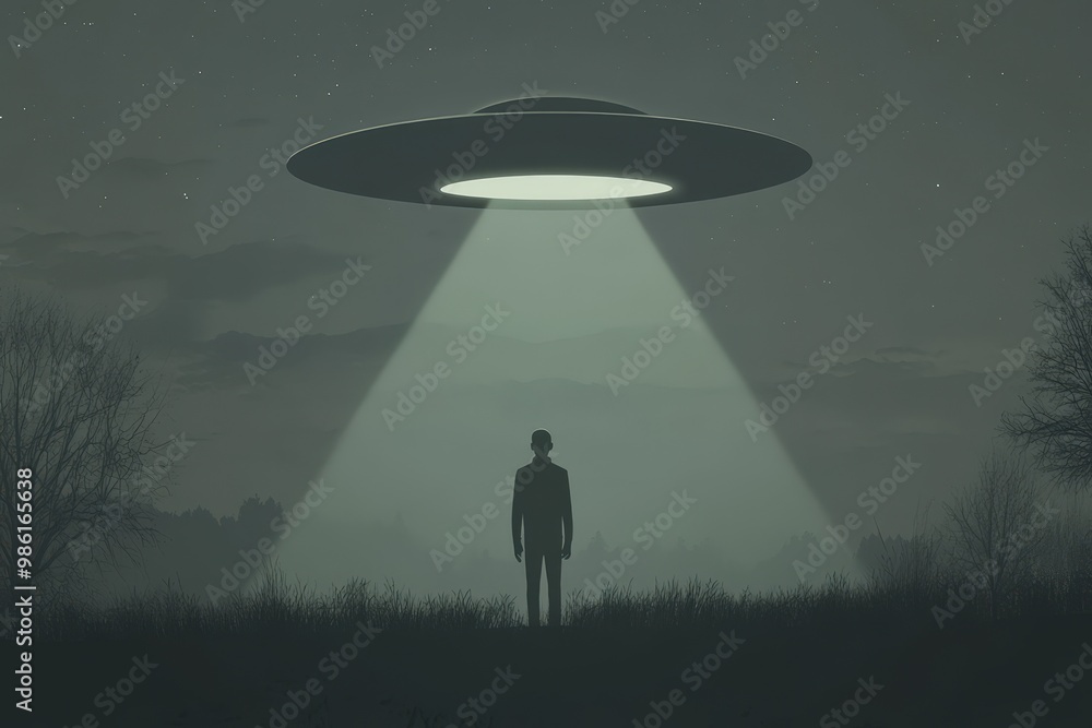 Man Witnessing UFO Invasion at Night in Mysterious Landscape, Alien ...