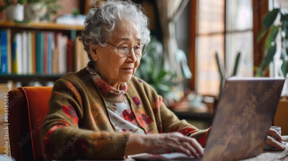 An older adult engaging in a virtual discussion group for an online class sharing insights with other students An older adult engaging in a virtual discussion group for an online class sharing insights with other students