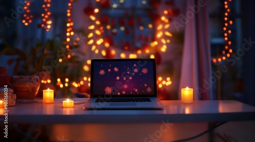 A laptop rests on a table surrounded by Diwali lights and colorful decorations in an office, festive atmosphere showcasing celebration, blending work with joy
