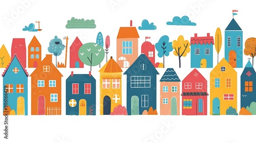 Colorful Cartoon Houses Row In A Small Town Illustration