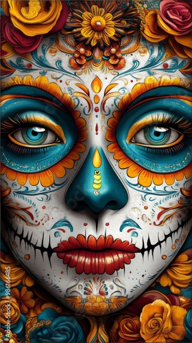 Sugar Skull with Blue Eyes: An intricate and colorful sugar skull with vibrant blue eyes and floral details, evoking the spirit of Dia de los Muertos. A stunning piece for celebrating Mexican culture 