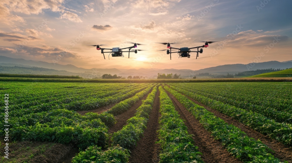 Two drones flying over a field of crops at sunset. Two drones flying over a field of crops at sunset.