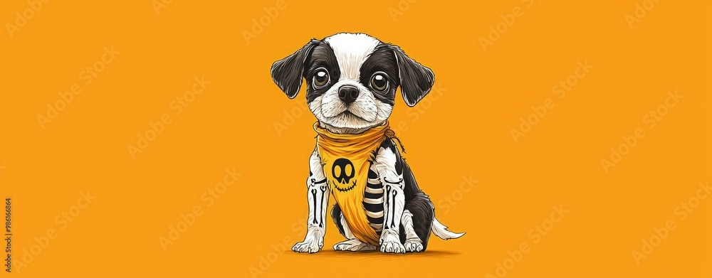 A playful dog in a skeleton costume sits against a vibrant orange background, blending cuteness with a spooky theme. A playful dog in a skeleton costume sits against a vibrant orange background, blending cuteness with a spooky theme.