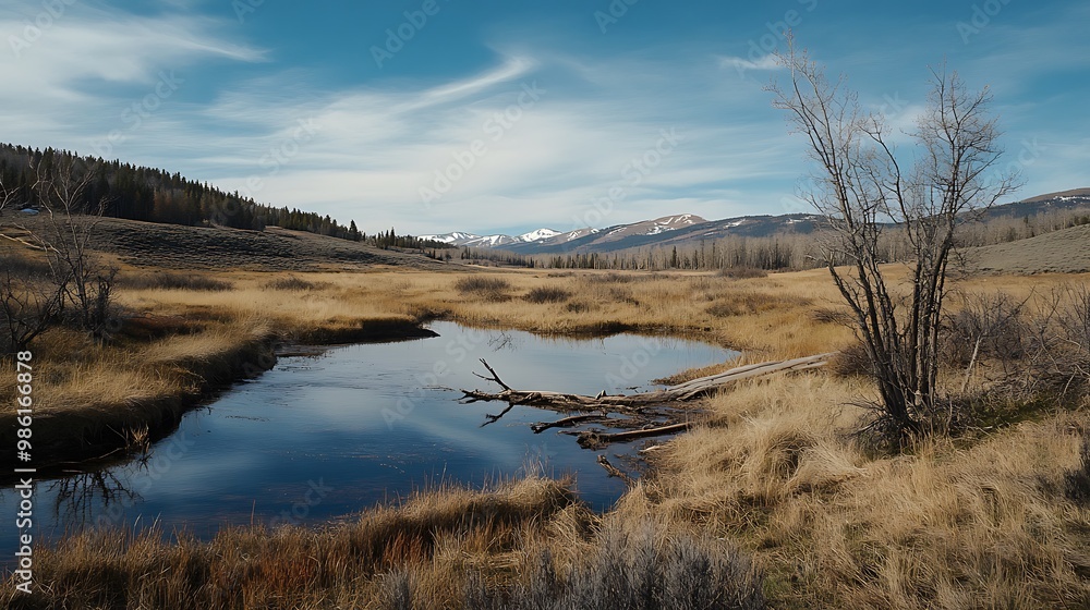 A Serene Pond in a Mountain Valley with a Dead Tree and Snow-Capped Peaks A Serene Pond in a Mountain Valley with a Dead Tree and Snow-Capped Peaks