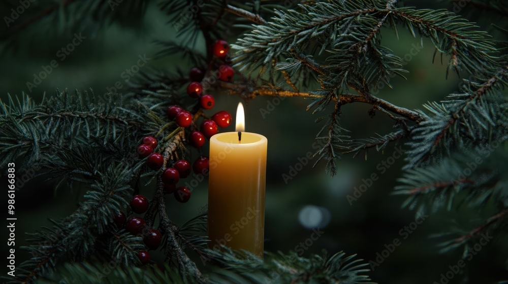 Close up of a candle in a spruce tree with berries transparent background Close up of a candle in a spruce tree with berries transparent background