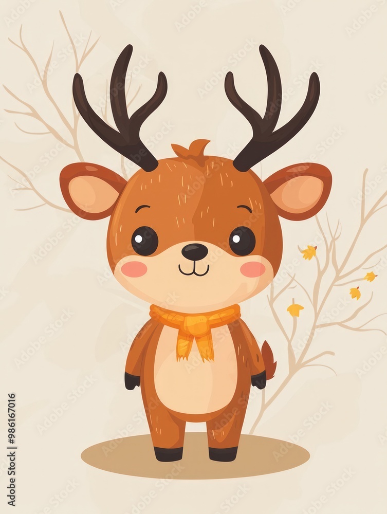 A cute, cartoon deer with antlers standing against a soft background, featuring autumn leaves and twigs.