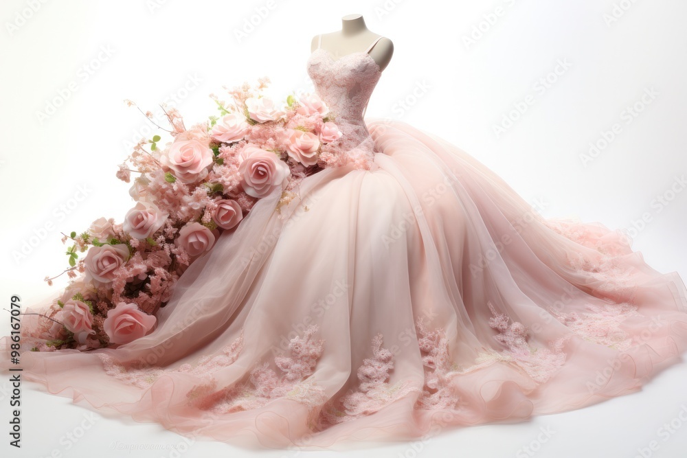 A fairytale wedding dress in a dreamy shade of pastel pink, adorned with delicate lace and layers of tulle, accompanied by an enchanting bouquet of roses, peonies, and hydrangeas A fairytale wedding dress in a dreamy shade of pastel pink, adorned with delicate lace and layers of tulle, accompanied by an enchanting bouquet of roses, peonies, and hydrangeas