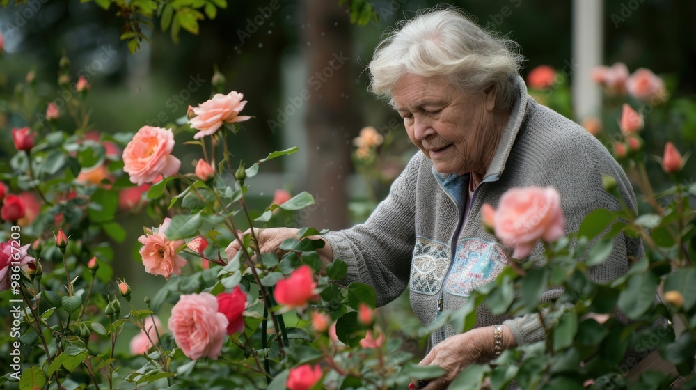 An older adult woman tending to a rose garden carefully pruning and watering the plants An older adult woman tending to a rose garden carefully pruning and watering the plants