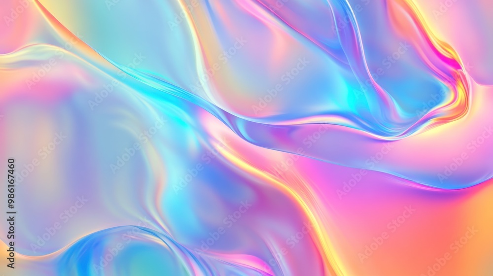 Obraz premium Abstract holographic background with pastel pink, blue, and yellow gradients.