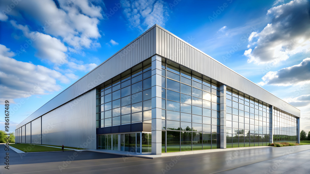 Modern R&D or logistics facility building with a glass hall, modern, research, development, logistics Modern R&D or logistics facility building with a glass hall, modern, research, development, logistics