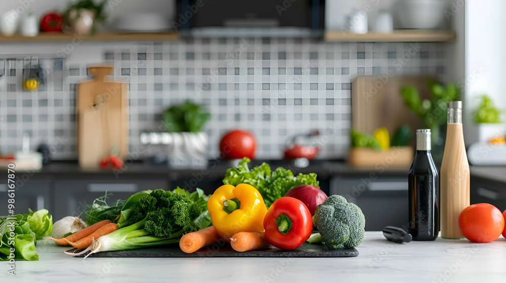 Tomatoes, bell peppers, green salad on a cutting board in a kitchen,Healthy Food Being Cooked At Kitchen Backgroun Tomatoes, bell peppers, green salad on a cutting board in a kitchen,Healthy Food Being Cooked At Kitchen Backgroun
