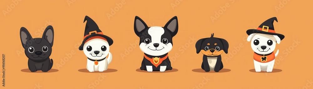 A playful illustration of five adorable dogs in Halloween costumes set against a vibrant orange background.