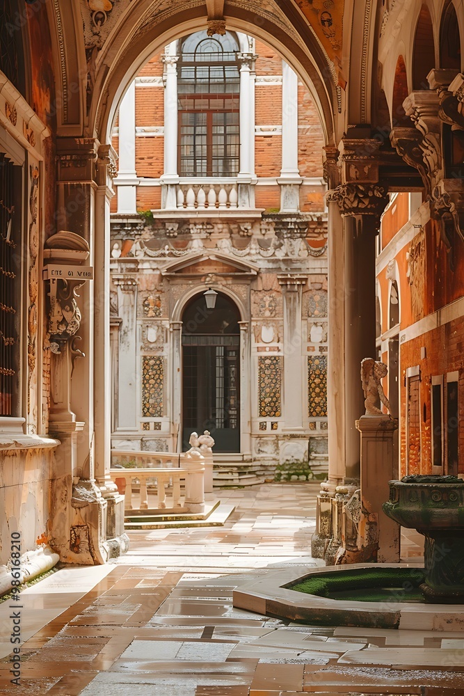 Fototapeta premium Courtyard with Arched Entrance and Ornate Stonework
