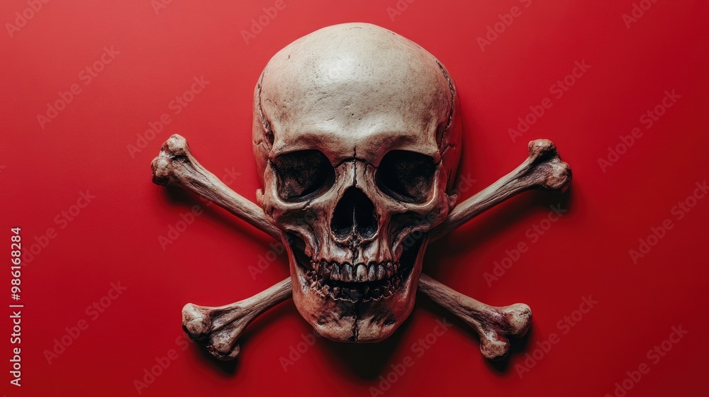 Human skull and crossbones on a red background.
