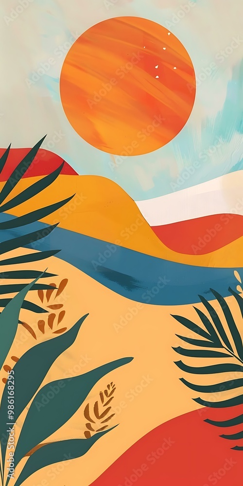 Fototapeta premium Abstract Landscape Painting With Palm Leaves and Sun