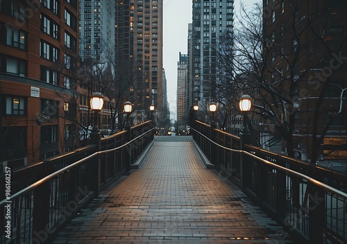 Empty Brick Pathway in Cityscape with Street Lights photo