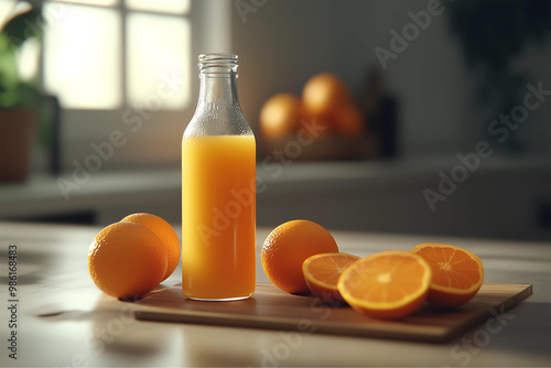 A bottle of orange juice in the kitchen. Advertising photo style. photo