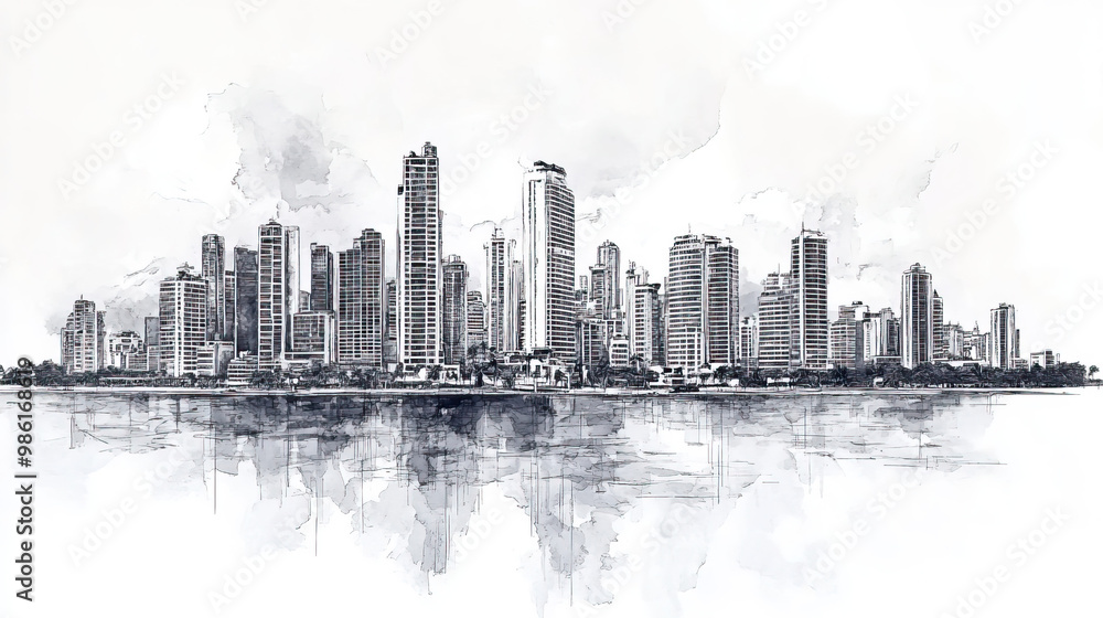 Obraz premium Cartagena, Colombia, black and white pen pencil hand-drawn effect drawing illustration for travel poster, card, wallpaper, backdrop or banner. Modern, clear, artistic and simple