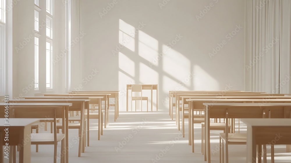 Empty Modern Classroom In the School Interior, Back to School Concept Book, Chair, table 3D Render. Empty Modern Classroom In the School Interior, Back to School Concept Book, Chair, table 3D Render.