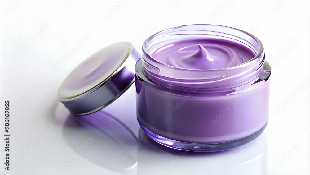 Cosmetic violet creme in a sleek jar on white background, makeup, beauty, skincare, purple, vibrant, luxurious Cosmetic violet creme in a sleek jar on white background, makeup, beauty, skincare, purple, vibrant, luxurious