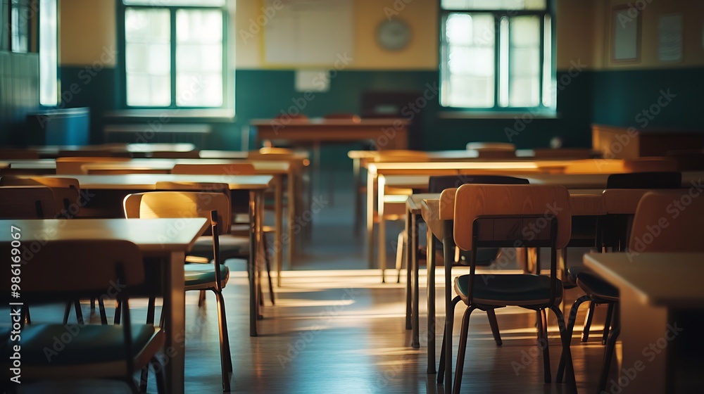 Empty Modern Classroom In the School Interior, Back to School Concept Book, Chair, table 3D Render. Empty Modern Classroom In the School Interior, Back to School Concept Book, Chair, table 3D Render.