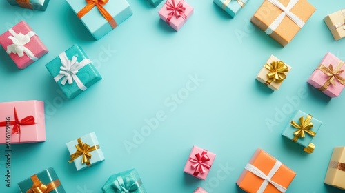 Flat lay composition of colorful gift boxes over light blue background. transparent background